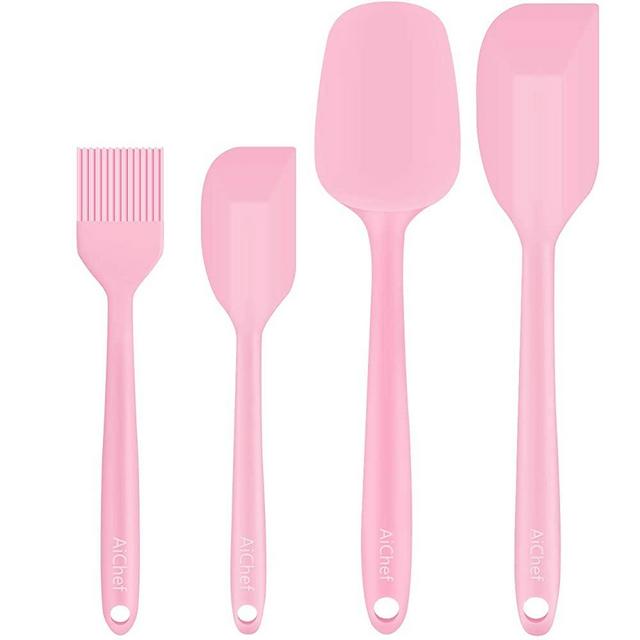 AICHEF Household Baking Tool With High Temperature Resistant Integral Silicone Scraper For Stirring Rolled Sugar Cake Cream Brush Shovel , Spatule Set(Silicone 4-Piece Set (Pink))