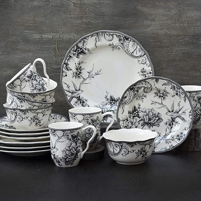 222 Fifth Adelaide 16-Piece Porcelain Dinnerware Set with Round Plates, Bowls, and Mugs, Black