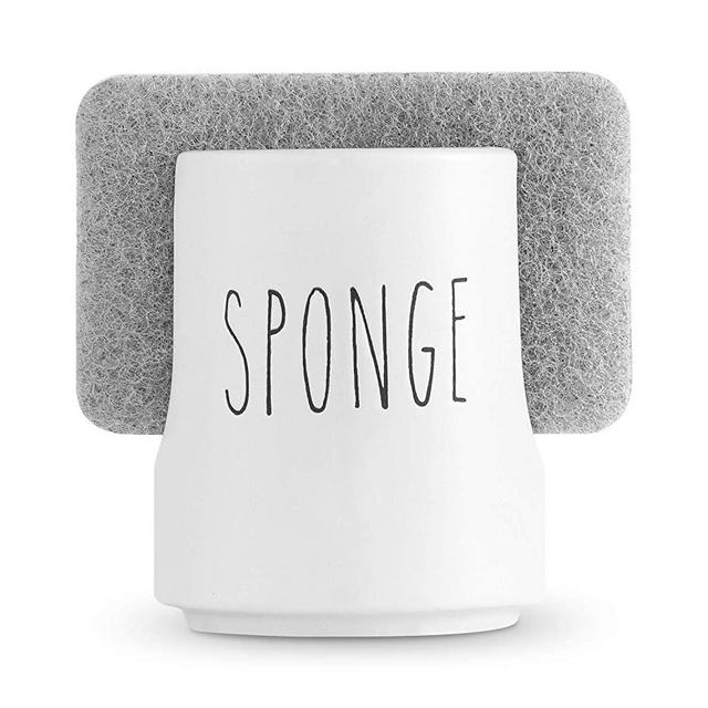 Sponge Holder for Sink - Dish Sponge Caddy for Kitchen Sink with Sponge - Farmhouse Sink Sponge Holder made of White Ceramic Porcelain - Kitchen Sink Organizer for Sink Accessories
