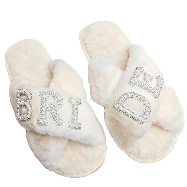 VOPHIA Fuzzy Bride Slippers Bride Gifts for Bridal Shower Cross Band Slippers Soft Wedding Slippers
