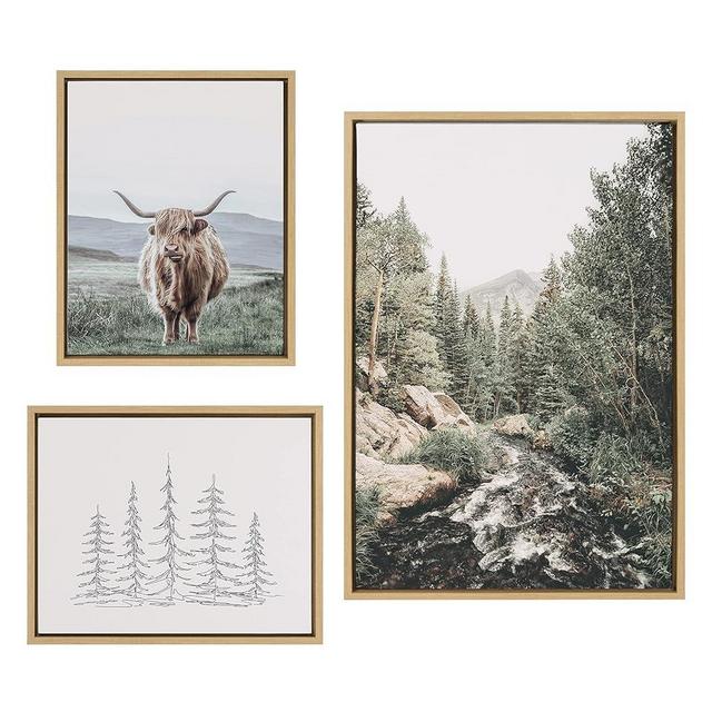 Kate and Laurel Sylvie Meet Me Here, Highland Cow Mountain Landscape and Minimalist Evergreen Trees Framed Canvas Wall Art Set by Various Artists, Set of 3, two 16x20 and one 23x33 Natural Frames