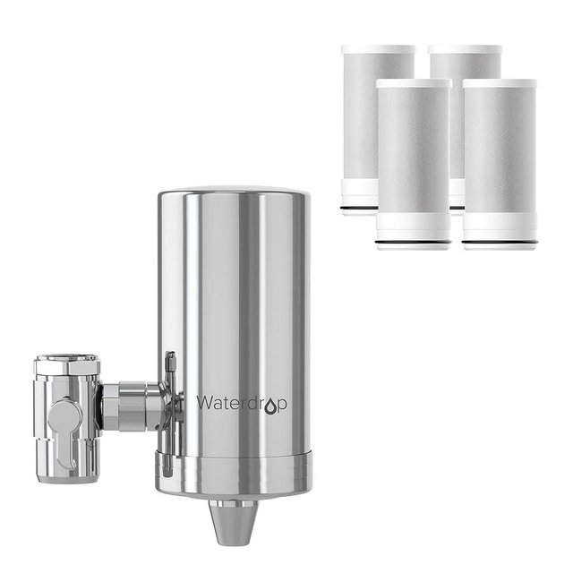 Waterdrop Stainless-Steel Faucet Water Filter, Carbon Block Water Filtration System, Tap Water Filter, Reduces Chlorine, Heavy Metals and Bad Taste, WD-FC-06 (4 Filters Included)