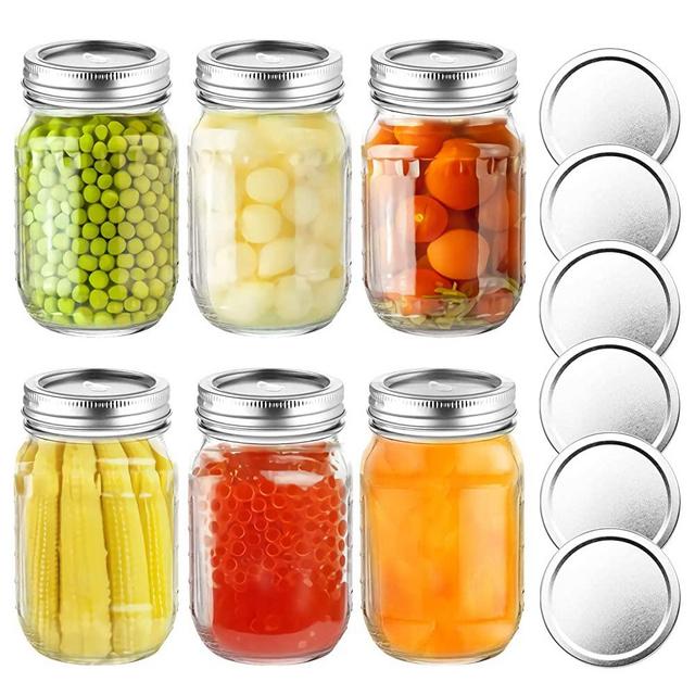 Mason Jars 16 oz, Regular Mouth Canning Jars 6 PACK, with 6pcs Extra Canning Lids, Ideal for Food Storage, Jam, Body Butters, Jelly, Wedding Favors, Baby Foods