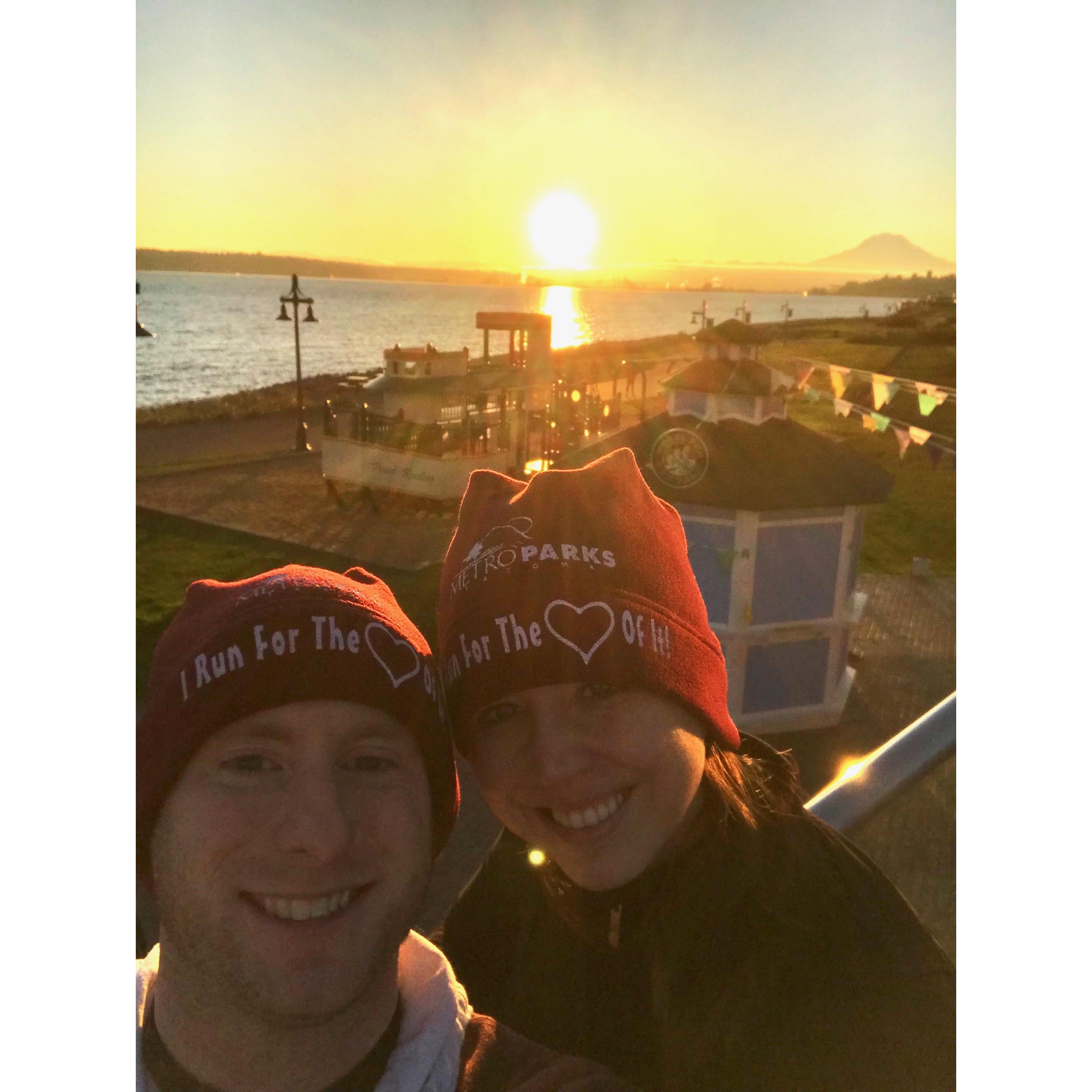 Beautiful sunrise on the water before a Valentine's Day 5K in Tacoma, WA.