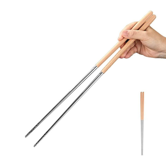 Labriciyon Extra Long 15-Inch Stainless Steel & Wood Cooking Chopsticks, Silver, Dishwasher Safe