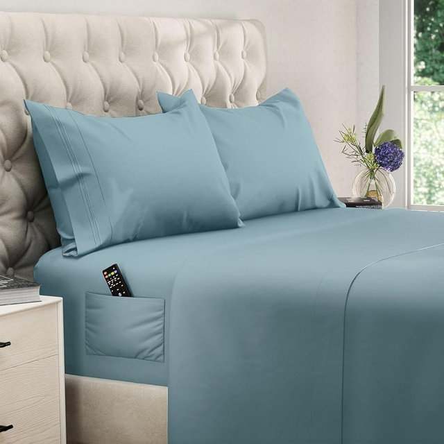 DREAMCARE King Size Sheets Set – 4 pcs Cooling Sheets – up to 21” Deep Pocket King Sheet Set – Hotel Luxury Sheets & Pillowcases – Superior Softness 100% Microfiber with Side Pocket - Mineral Blue