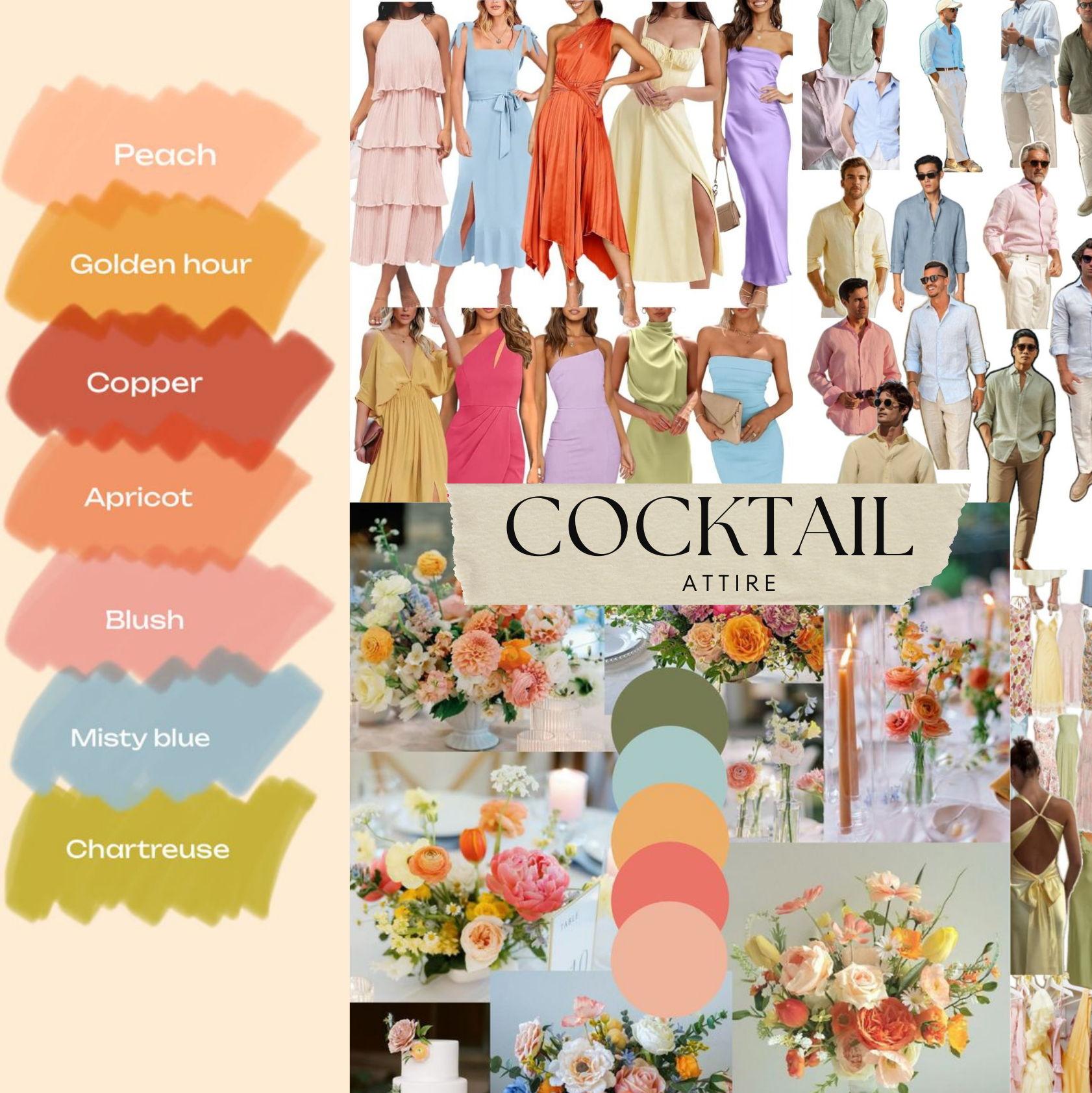 These are the colors you’ll see at our wedding, and we can’t wait to celebrate with you! 🎉 We’re asking all of our guests to come dressed in cocktail attire, and we wanted to share a little style inspo to help you plan the perfect look. Get ready to show up, shine, and party with us! ✨💃🕺