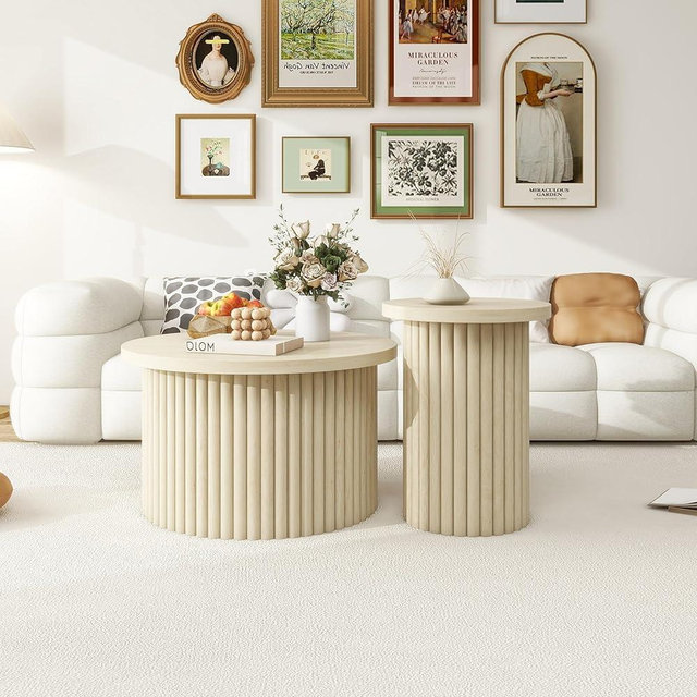 HanStrong Round Coffee Table Set of 2,Modern Side Tables Accent End Table for Living Room,Apartment,Beige