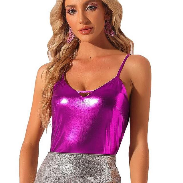 Allegra K Women's Metallic Shiny Party Tank Top Deep V Camisole Tops