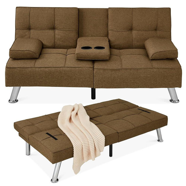 Best Choice Products Linen Modern Folding Futon, Reclining Sofa Bed for Apartment, Dorm w/Removable Armrests, 2 Cupholders - Brown
