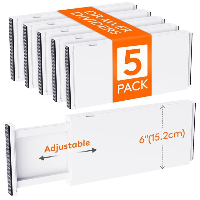 Lifewit 5 Pack Drawer Dividers Plastic 6" High, 13.5-22" Adjustable Drawer Organizers for Clothes, Expandable Dresser Separators in Bedroom/Bathroom/Kitchen/Fridge/Office Organization and Storage