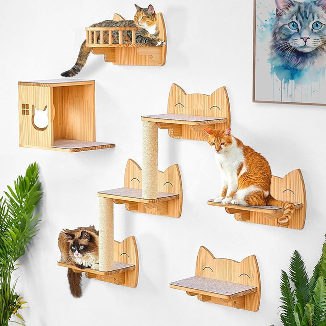 IDAE-ORG Cat Wall Shelves Set, Cat Wall Furniture for Large Cats - Modern Cat Shelves and Perches, Wall Mounted Cat Climber with House, Steps, Scratcher - Natural Wood Climbing Shelf for Indoor Cats
