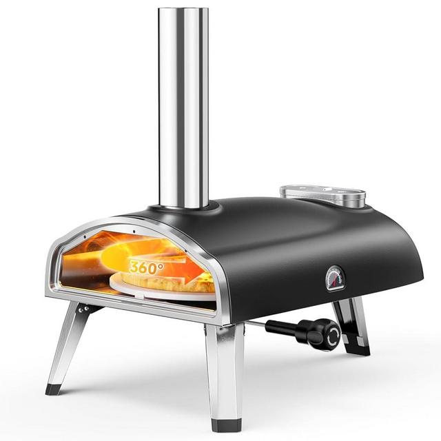 Pizza Oven Outdoor 12" Wood Fire Pizza Ovens Pellet Pizza Stove for outside With Rotatable Round Pizza Stone, Built-in Thermometer Wood Burning Portable Pizza Oven Stainless Steel Backyard Pizza Oven
