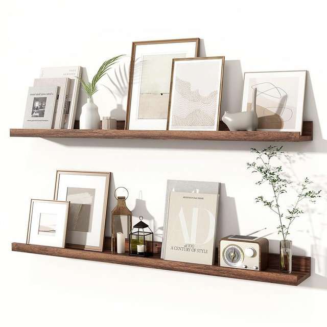 Fun Memories Picture Ledge Shelves Set of 2, 36 Inch Rustic Wall Mounted Floating Shelves with Lip for Home Storage and Décor in Bathroom, Kitchen, Nursery, Bedroom, Living Room, Walnut