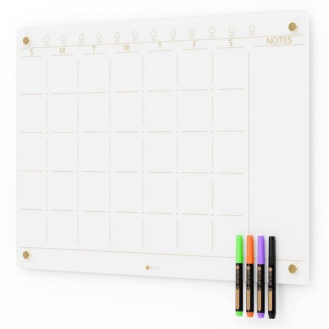 Glass Golden Monthly Dry Erase Calendar Whiteboard for Wall, 17" x 23", Frameless Large Monthly Planner Menu White Board for Home Kitchen, Office, 4 Wet Erase Markers Included, Yeoux