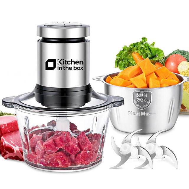 Kitchen in the box Food Processors,Mini Meat Grinder & Food Chopper Electric Vegetable Chopper with 2 Bowls (8 Cup+8 Cup)& 2 Bi-Level Blades for Meat/fish/Vegetable/Baby Food，400 W (Sliver)