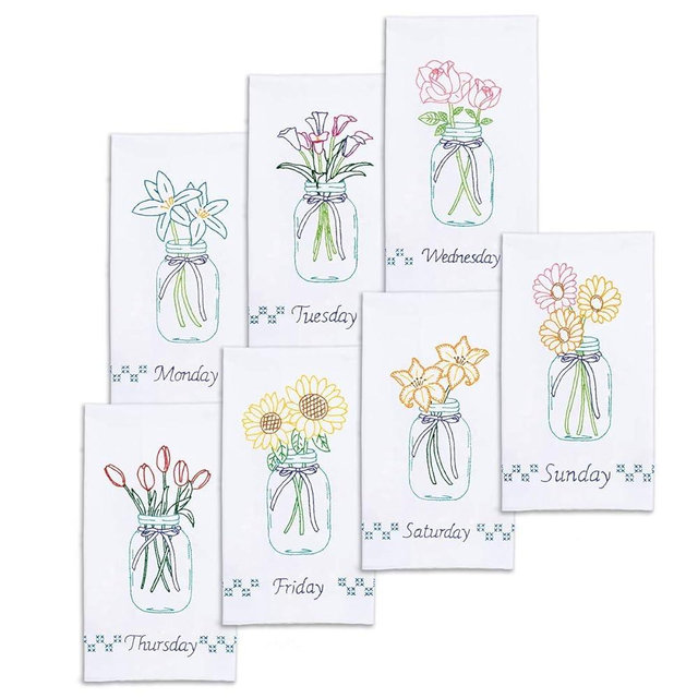 Jack Dempsey Needle Art Mason Jar Bouquets Embroidery Towels, Cotton, white