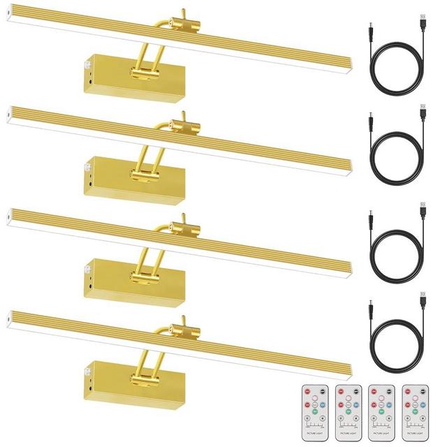 JNGMAIR 4Pack Rechargeable Picture Light, 5200mAh Brass Battery Operated Picture Lights for Wall with Remote Control, 300LM 3000K 16" Metal Dimmable Picture Frame Light for Painting, Photos & Artwork