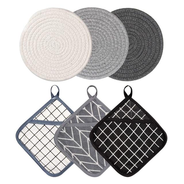 FEILANDUO Pot Holders 6Pcs Cotton Hot Pads and Oven Mitts for Kitchen Heat Resistant Cooking Pocket Flexibility Potholders Thick Plaid Cute Square Farmhouse Linen Pads Coaster (Set of 6)