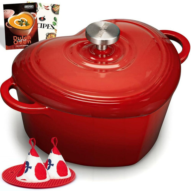 Overmont Enameled Cast Iron Dutch Oven - Heart-Shaped Pot with Lid Cookbook & Cotton Pot Holders - Mini Cookware Oven Safe to 500°F for Bread Baking Soups Stews - Great Gift for Wedding Birthday Housewarming 2QT Red