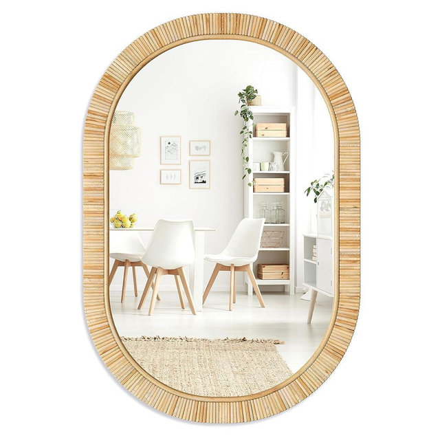 Barnyard Designs Rattan Bathroom Mirror – Rustic Farmhouse Style Handmade Wicker Rattan Frame - Boho Mirror for Nursery Wall Décor (20" x 30", Oval)