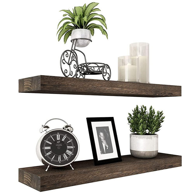 Floating Shelves Rustic Natural Wood Wall Shelf Open Shelving Farmhouse Live Edge Light Wooden Wall Mounted Decor for Bathroom, Living Room, Bedroom, Kitchen Set of 2 (36 inch, Dark Brown)