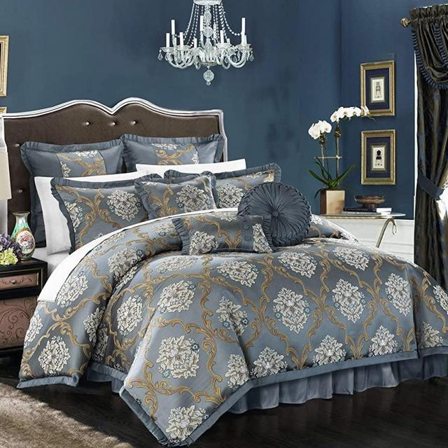 Chic Home 9 Piece Aubrey Decorator Upholstery Comforter Set and Pillows Ensemble, King, Blue