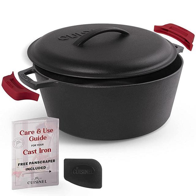 Cast Iron Dutch Oven - 7-Quart Deep Pot + Lid + Pan Scraper + Handle Covers - Large Pre-Seasoned Cooker for Baking Bread, Soup, Frying - Indoor/Outdoor Kitchen, Camping, Fire, BBQ Safe Cookware