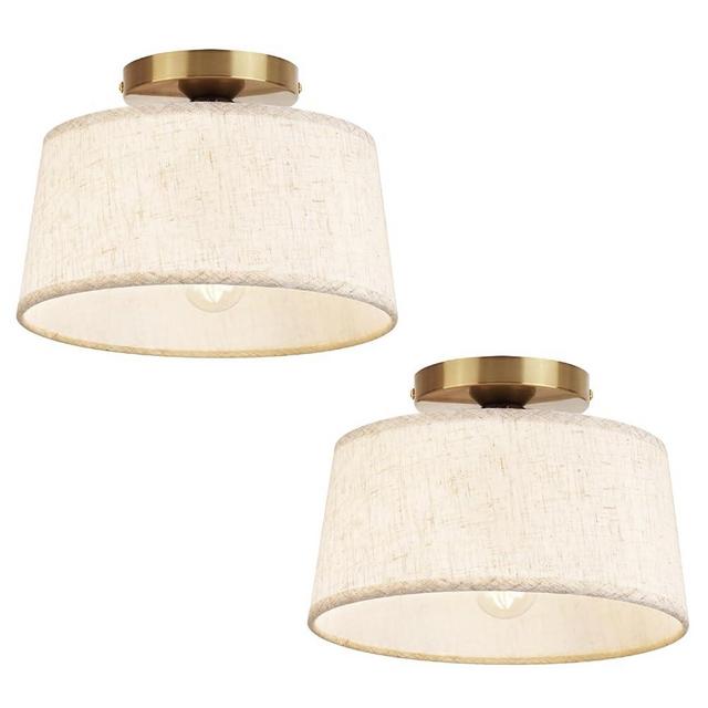 HILUXIA 2P Modern Ceiling Light Fixture, 10 Inch Semi Flush Mount Lamp with Linen Shade, E26 Base, Gold for Kitchen Bedroom Hallway Closet Entryway Room Small Spaces, 2 Pack