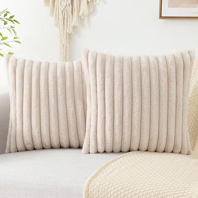 Pallene Faux Fur Plush Throw Pillow Covers 16x16 Set of 2 - Luxury Soft Fluffy Striped Decorative Pillow Covers for Sofa, Couch, Living Room - Apricot
