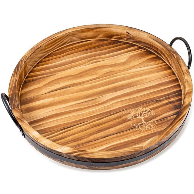 LiveliWood Round Wood Tray - 19.5 x 18 x 3” (LxWxH) - Rustic Serving Tray with Galvanized Handles for Coffee, Wine, Dessert, and More - Decorative Centerpiece Round Coffee Table Tray