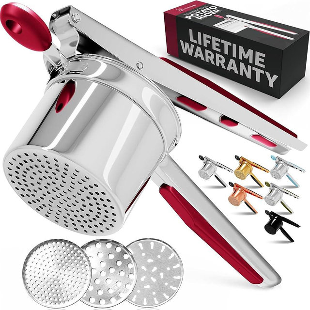 PriorityChef Large 15oz Potato Ricer With 3 Discs, Heavy Duty Stainless Steel Potato Ricer for Mashed Potatoes, Potato Masher, Press and Ricer Kitchen Tool, Red