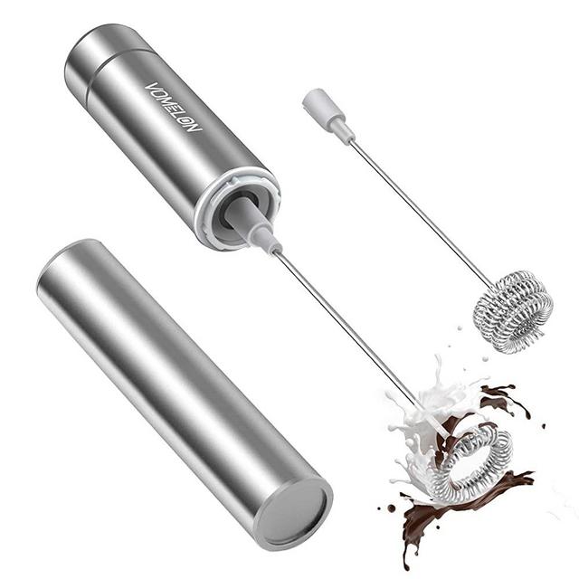 Milk Frother Handheld, Battery Operated Travel Coffee Frother Milk Foamer Drink Mixer with 2 Stainless Steel Whisks for Hot Chocolate, Batteries Included, Silver