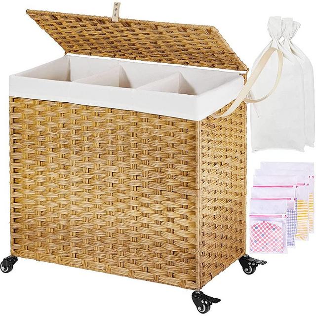 GREENSTELL Laundry Hamper with Wheels&Lid, 125L Large 3 Sections Clothes Hamper with 2 Removable Liner Bags, 5 Mesh Laundry Bags, Handwoven Divided Laundry Basket for Clothes, Toys in Bedroom Natural