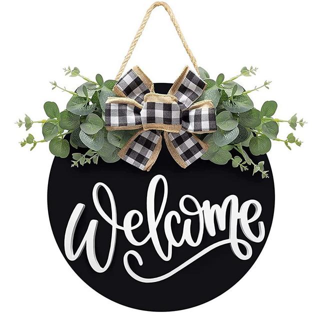 Welcome Sign for Front Door Porch Decor Farmhouse Wreath Wall Decor Φ30cm Round Wooden Hanging Housewarming Home Decor for Home Outdoor Indoor (Black)