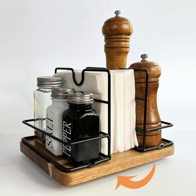 Napkin Holders for Kitchen Table, Rotating Wood Vertical Napkin Dispenser That Can Hold Salt and Pepper, Rustic Napkin Holder for Kitchen Dining Table Decor Brow Acacia