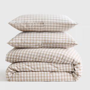 Classic Organic Percale Gingham Duvet Cover Set in Cafe (Queen)