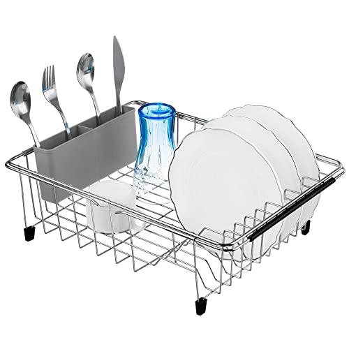 iPEGTOP Expandable Deep & Large Dish Drying Rack, Over the Sink, In Sink Or On Counter Dish Drainer with Grey Removable Utensil Silverware Holder, Rustproof Stainless Steel