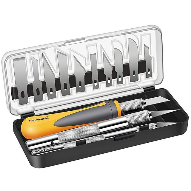 MulWark 16pc Precision Craft Hobby Utility Knife Set- Sharp Scalpel Razor Knives Tool for Architecture Modeling, Scrapbooking, Felt&Wood&Leather Working- Stencil, Fine Point, Scoring, Chiseling Blades