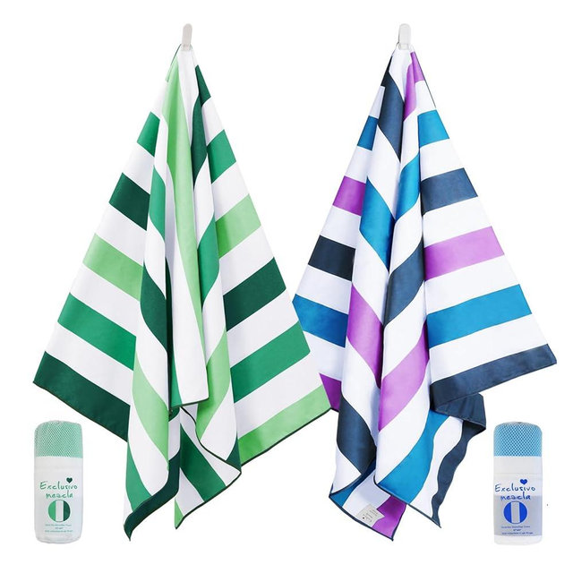 Exclusivo Mezcla 2 Pack Oversized Microfiber Quick Dry Beach Towels for Adults, Lightweight Sand Free Cabana Stripe Pool Travel Camping Towel with Bag (Forest Green and Dark Purple, 35"X70")