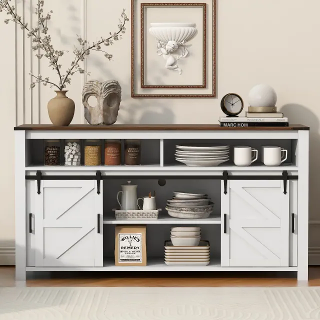 59.3"W Sideboard with Sliding Barn Door & Mesh Panels, Buffet Cabinet with Open Storage, White - ModernLuxe
