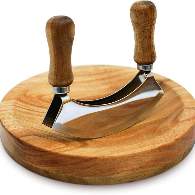 TIYOORTA MEZZALUNA KNIFE AND CUTTING BOARD – Double Blade herb chopper ULU Knife with 8 inch Recessed Board Set– For Efficient Mincing Nuts n Veggies