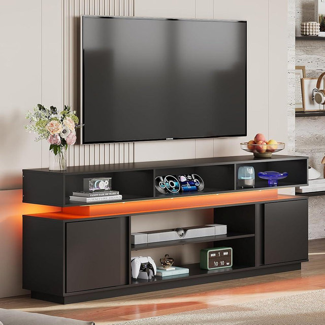 WLIVE Modern TV Stand for 75 Inch TV, 2 Tier Entertainment Center with LED Lights & Storage Cabinets, Media TV Console Gaming Television Stands for Living Room, Bedroom,Black