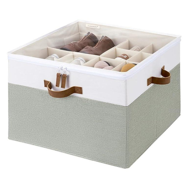 StorageWorks Shoe Organizer for Closet, Fits up to 16 Pairs, Shoe Cubby Storage Containers with Adjustable Dividers and Clear Cover, Green & White