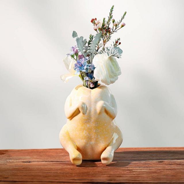 SAANG & JAT Yellow Turkey Ceramic Vase - Funny Flower Vase for Thanksgiving, Unique Home Decor, Quirky Centerpiece for Table or Shelf, for Holidays & White Elephant
