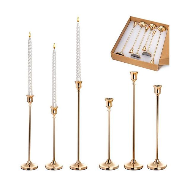 Candle Holder, Set of 6 Gold Candlestick Holders for Taper Candle, Candle Sticks Long Stem Holder for Table, Wedding, Party, Housewarming Gift, Decors, Upgraded to Taller Heavier and Assembly-Free