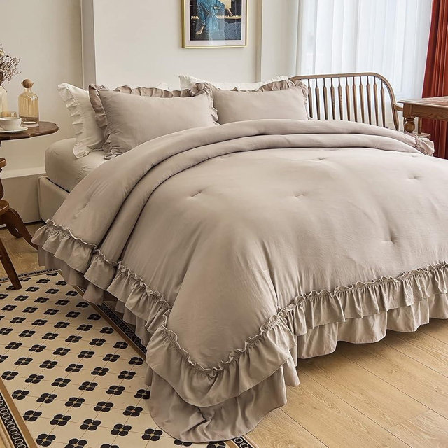 AIKASY Taupe Comforters Queen Size Set, Vintage Boho Chic Farmhouse Bedding Sets Shabby Ruffle Queen Bed Comforter Bedding 3PCS（1 Comforter and 2 Pillowcases）