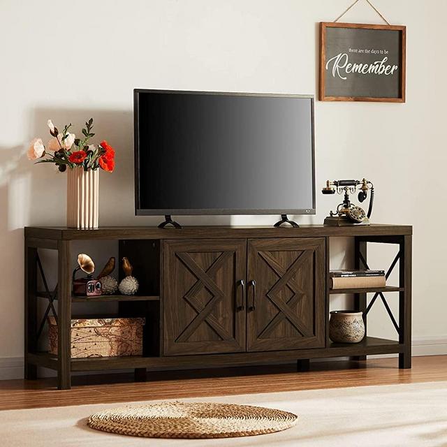 Okvnbjk 65 inch Farmhouse TV Stand Metal X Wood tv Console for 70 Inches TV, Entertainment Center TV Cabinet for Living Room with Soft Closing Door Hinges, Dark Walnut