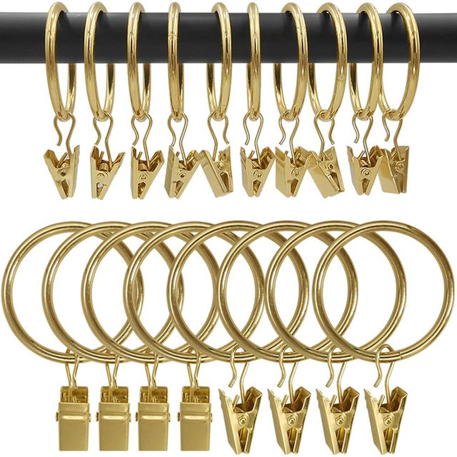 AMZSEVEN 100 Pack Metal Curtain Rings with Clips, Drapery Clips Hooks, Decorative Curtain Rod Clips 1.5 in Interior Diameter, Gold