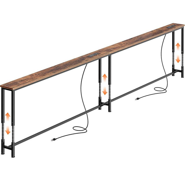 Huuger 110.2 Inch Sofa Table with Power Outlets, 23.9’’-34.4’’ Height Adjustable Range, Behind Couch Table with USB-C Ports, Sofa Tables Narrow Long, Skinny Console Table, Small Spaces, Rustic Brown